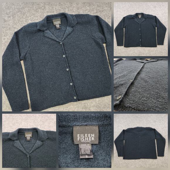 Eileen Fisher Sweater Womens Small Blue Boucle Knit Wool Mohair Button Cardigan - Picture 1 of 13